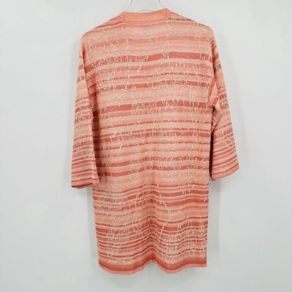 Chico's Size 1 Medium Pink Striped Open Front Embroidered Cardigan Sweater - Picture 8 of 8